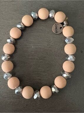 Neutral Nude Beaded Stretch Bracelet with Silver Faceted Accents